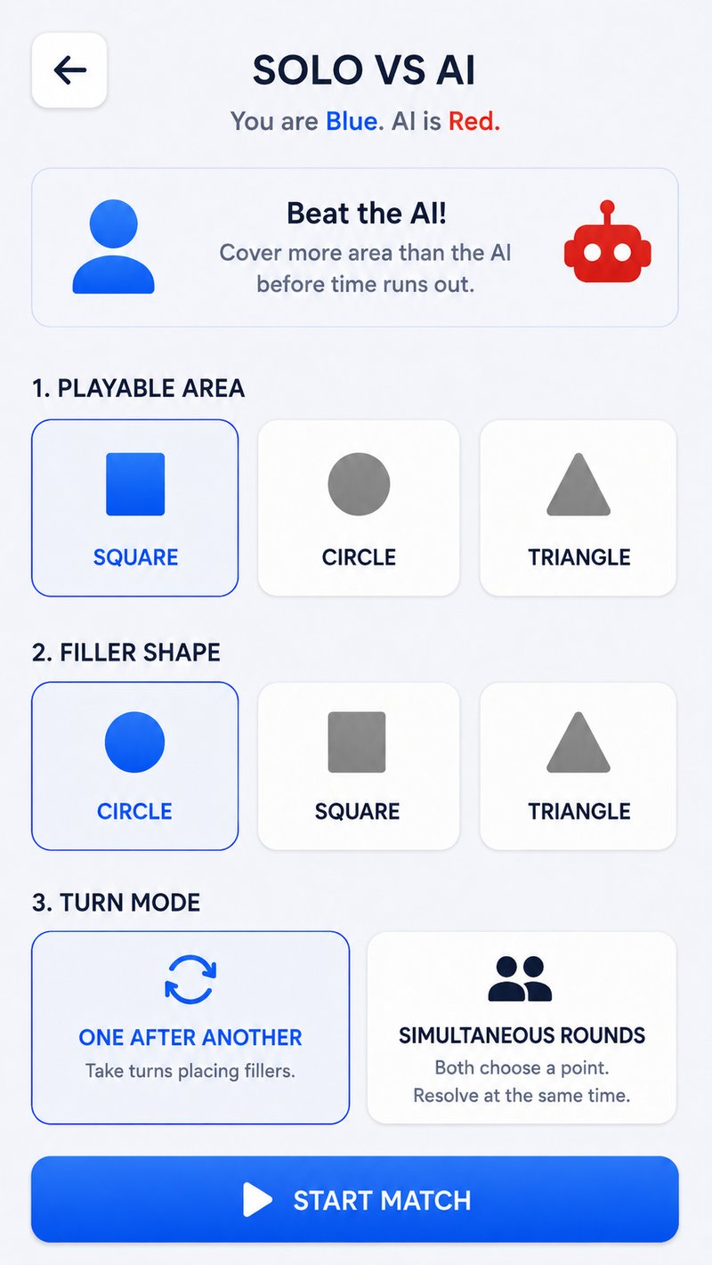 fill.zone solo match setup with board, filler, and turn-mode options