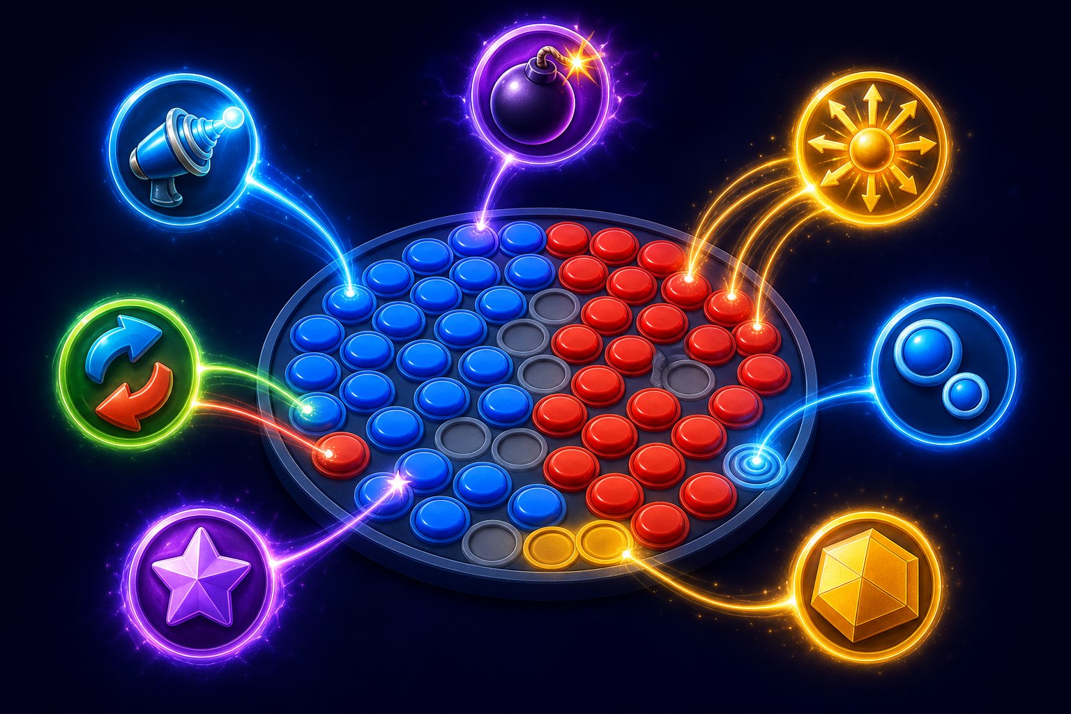Seven glowing fill.zone powerups orbiting a blue and red board